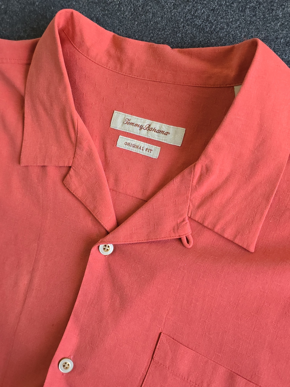Tommy Bahama Silk Loop Collar Camp Shirt XXL Coral Pink Textured Short Sleeves